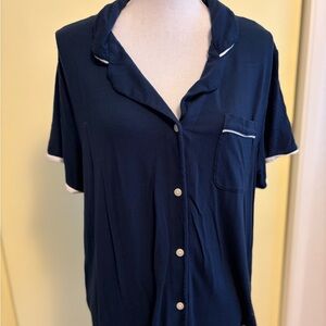 Stars Above Navy Button Down Pajama Shirt with White Trim